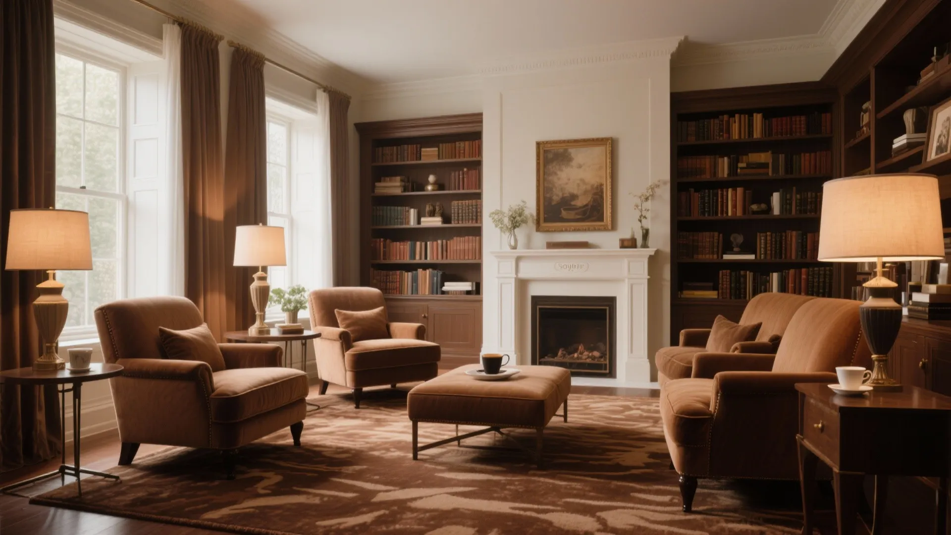 Home library with shades of brown and brown carpet