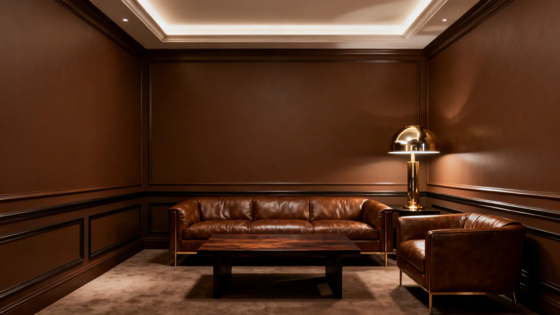 Monochrome brown living room with varied finishes: matte wall, leather seating and glossy trim