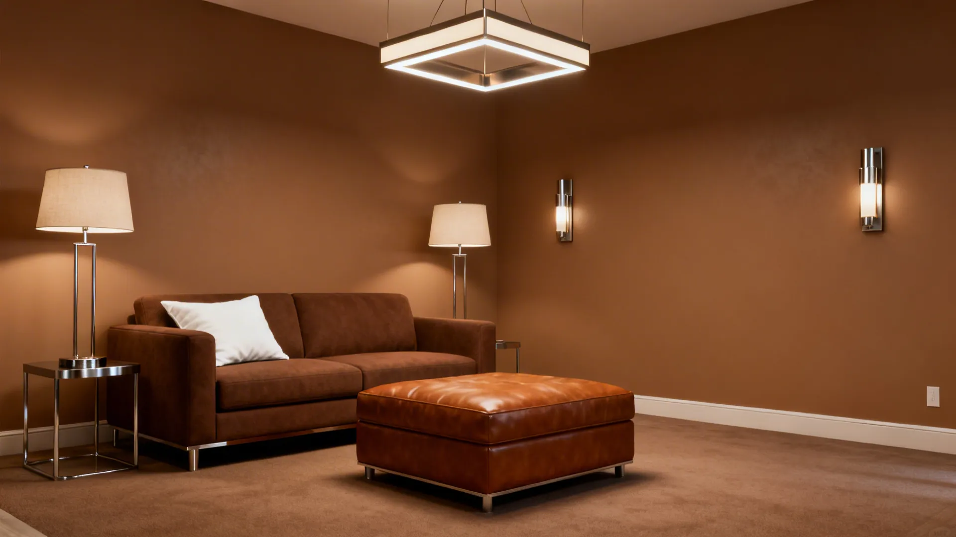 Brown sofa with white pillow leather footrest floor lamps wall lights and a ceiling light