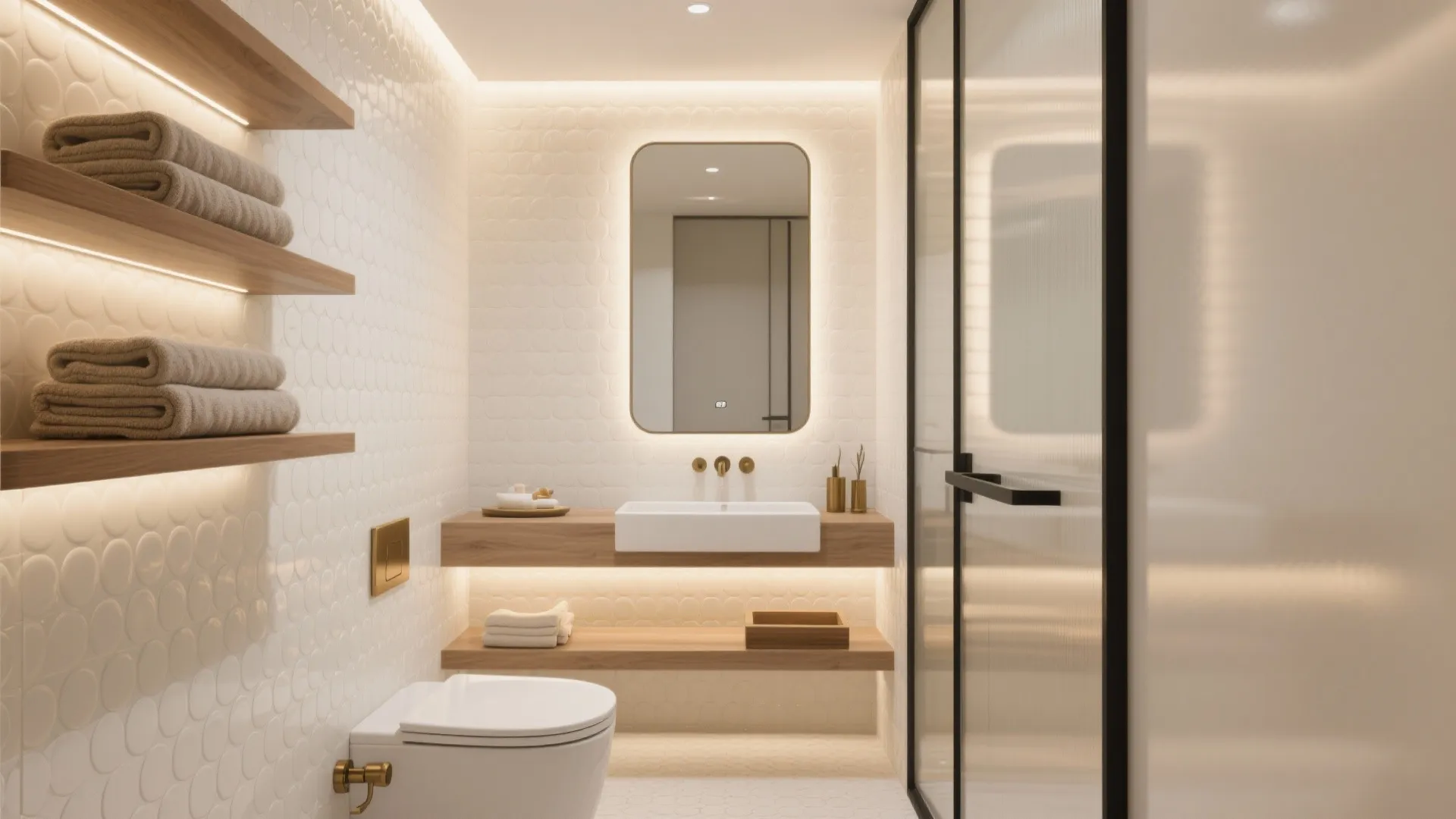 Bathroom with white circular tiles wooden shelves rectangular mirror with light white sink and toilet