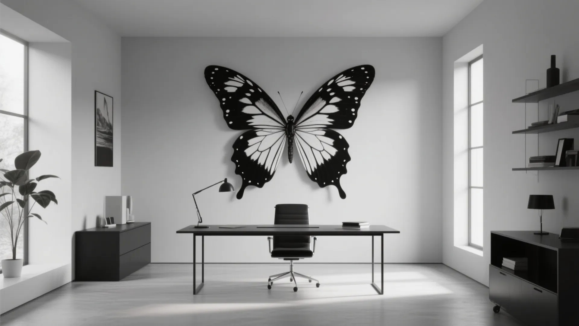 Modern home office with a large black and white butterfly wall art behind a desk