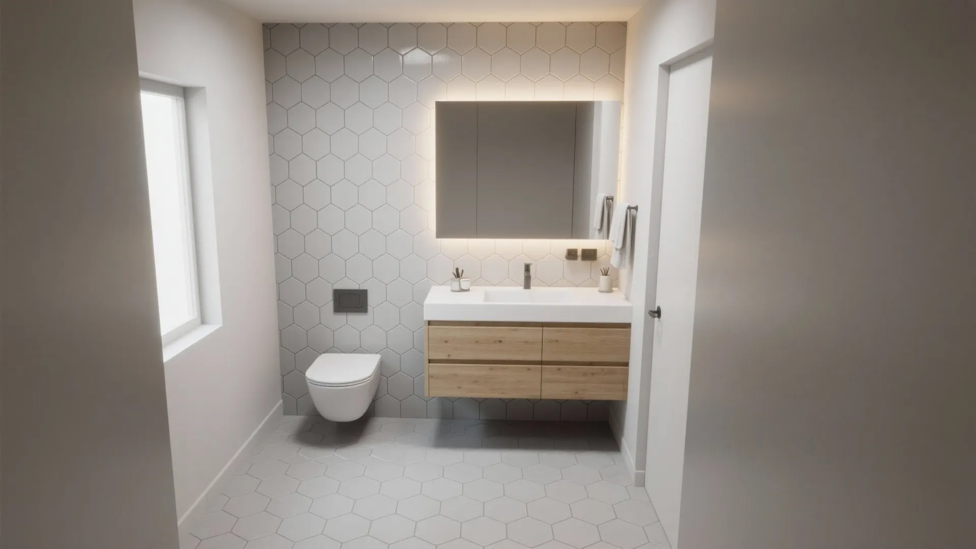 1. Monochrome Calm: Light Gray Hexes on Floor and Accent Wall