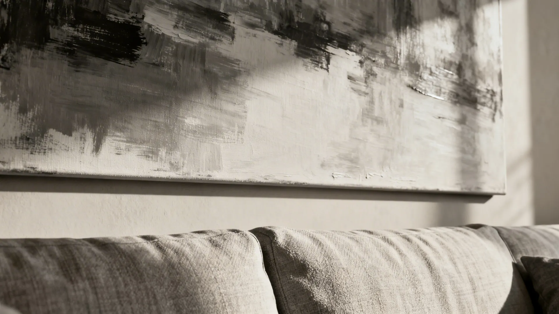 Close-up of a monochrome canvas with visible brushwork hung above a sofa with a small gap.