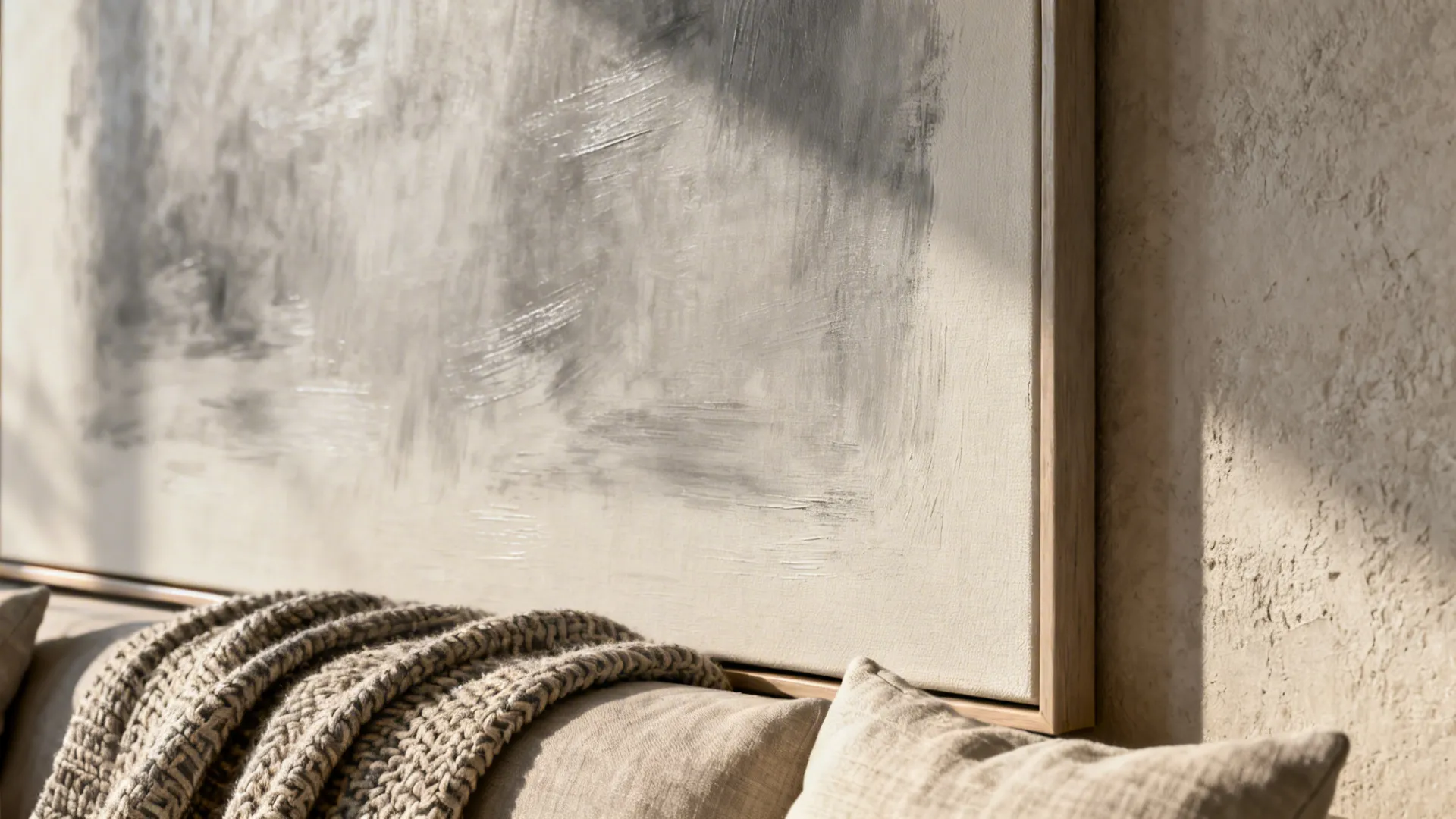 Close up view of abstract textured wall art hanging above a sofa with cozy blankets