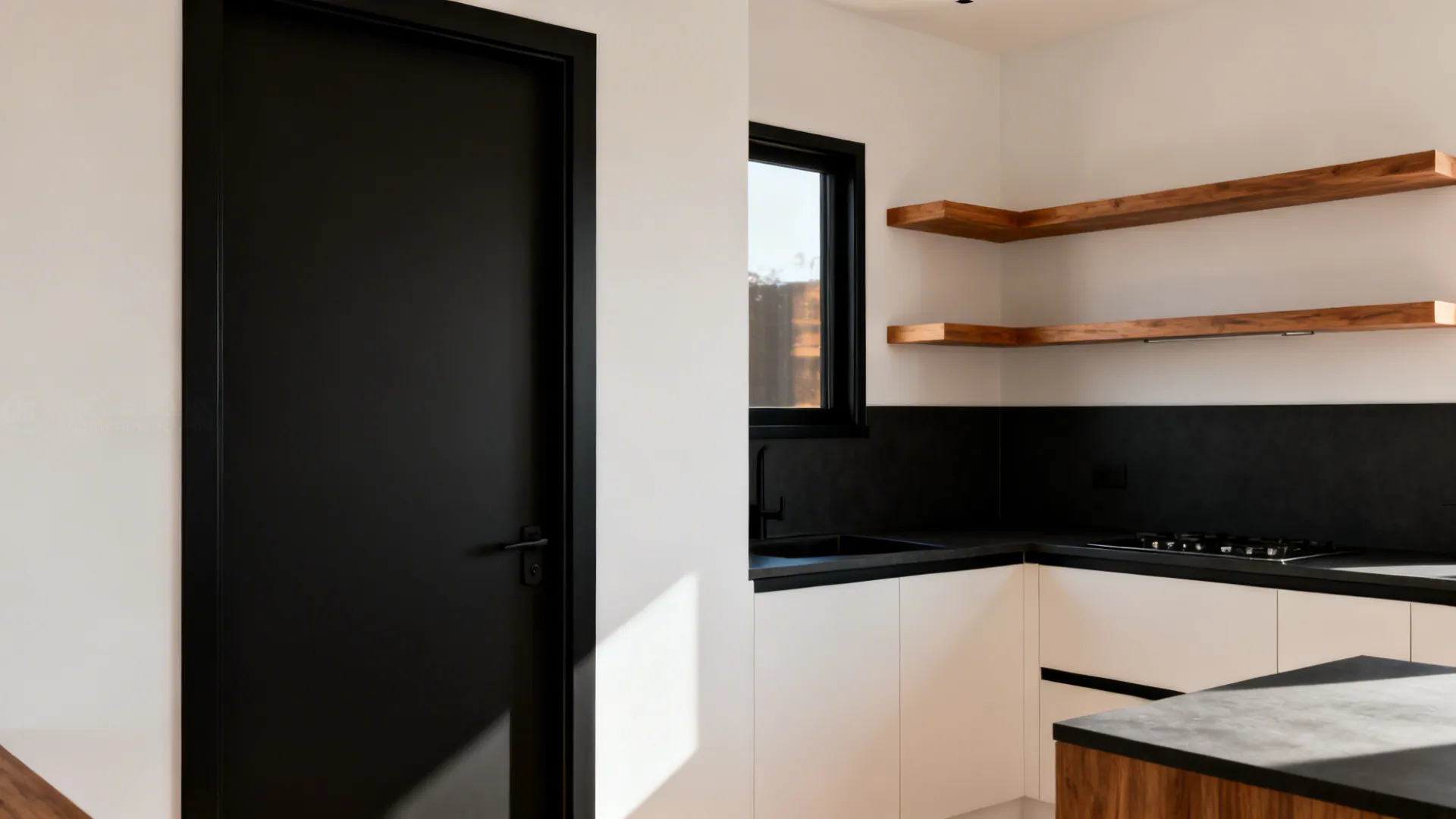 Small kitchen with warm white walls, black trim, and a charcoal backsplash return.