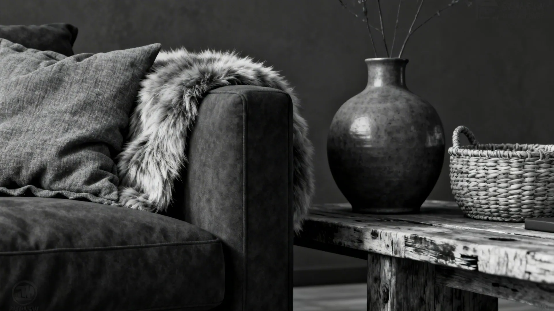 Close-up of a charcoal sofa styled in a monochrome modern scheme with textured throws and ceramic decor.