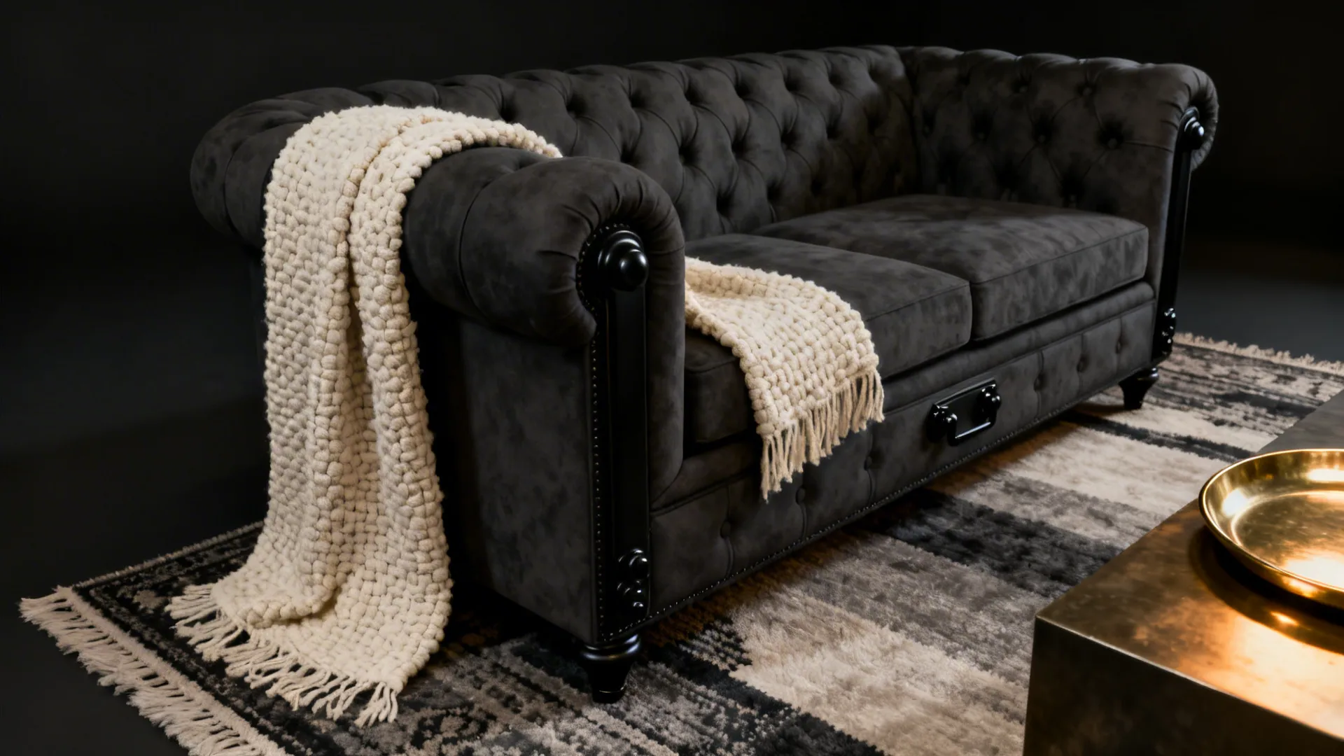 Charcoal Chesterfield with layered rugs, boucle throw and matte black accents