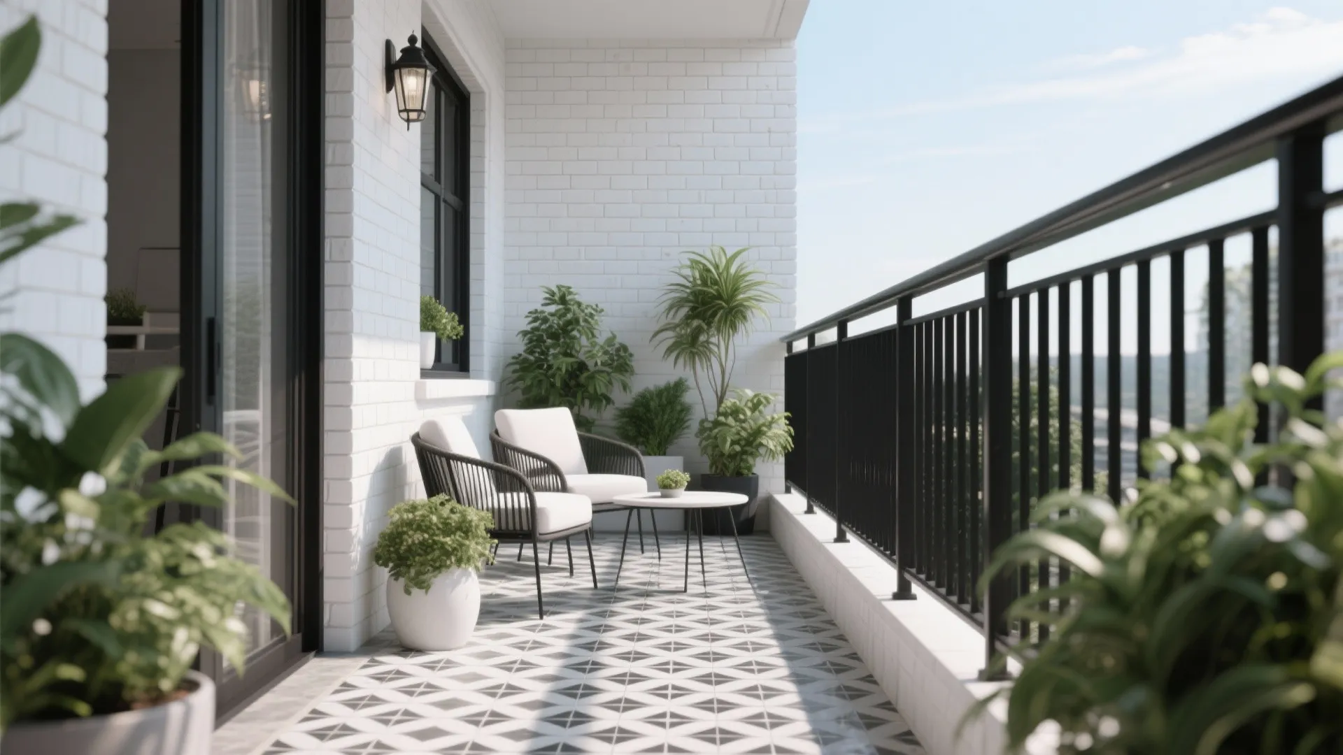 Modern balcony featuring white brick walls, black metal railing, patterned floor tiles, and two outdoor chairs