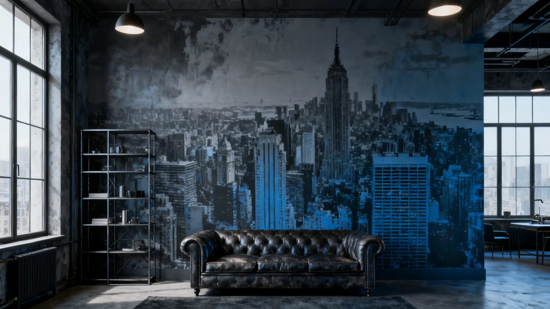 Living room with a large monochrome cityscape mural and industrial furniture, creating an urban vibe.