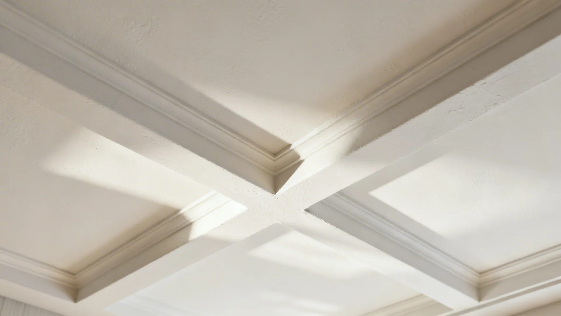 Macro detail of a shallow monochrome coffer ceiling in a matte finish with soft daylight.