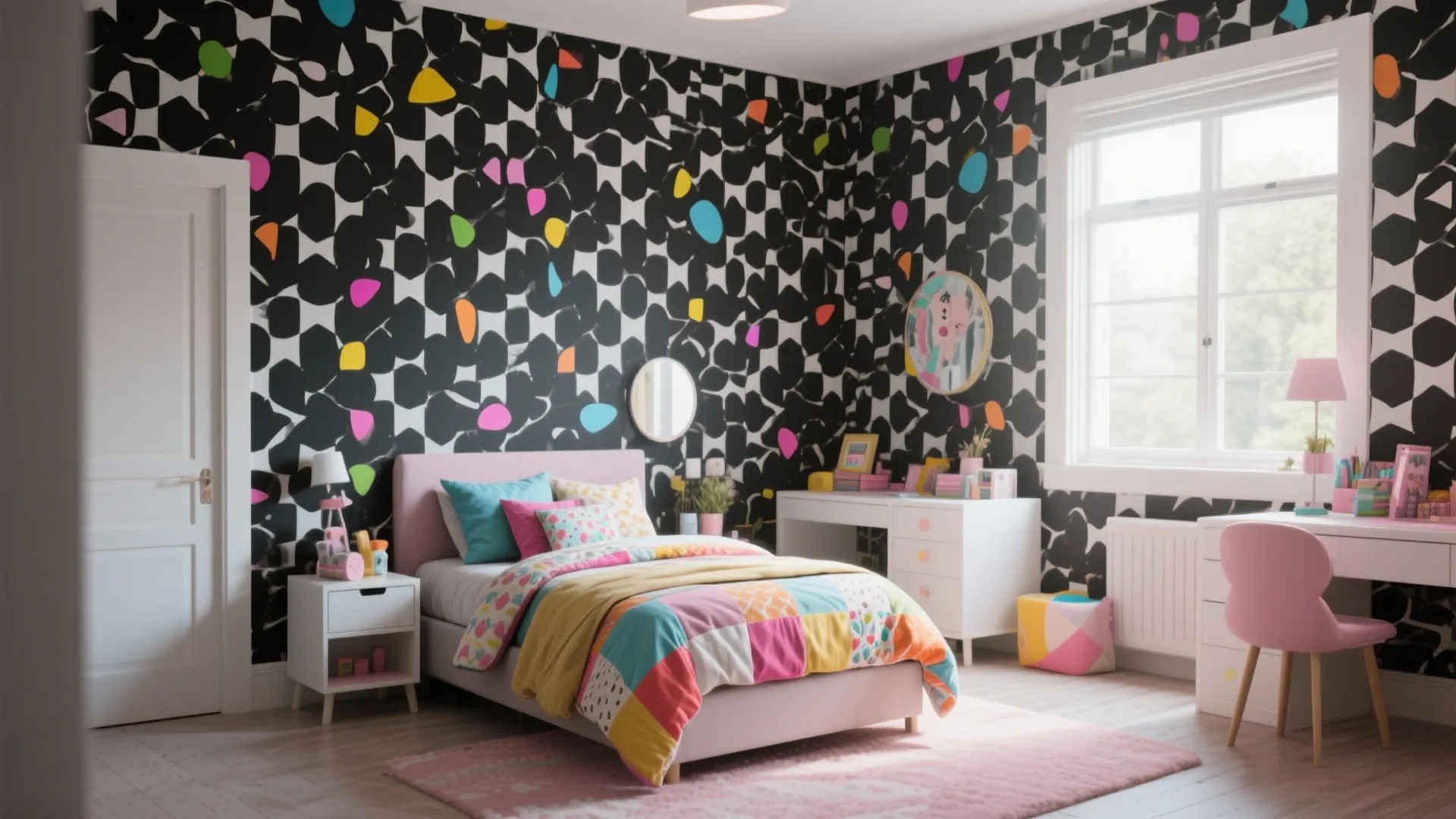 Tween bedroom with monochrome wallpaper and colorful accents