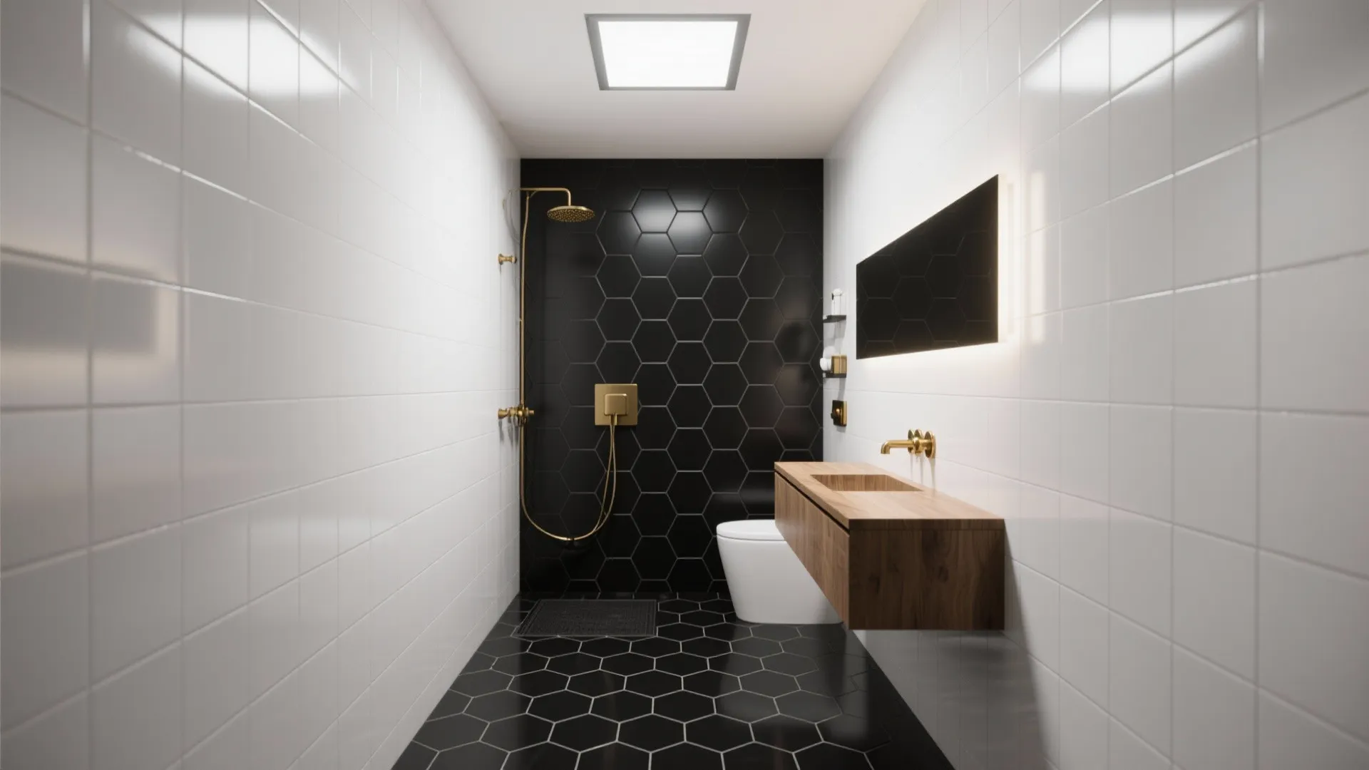 Black hex floor and glossy white subway wall tiles with warm brass and wood accents in a small wet room.