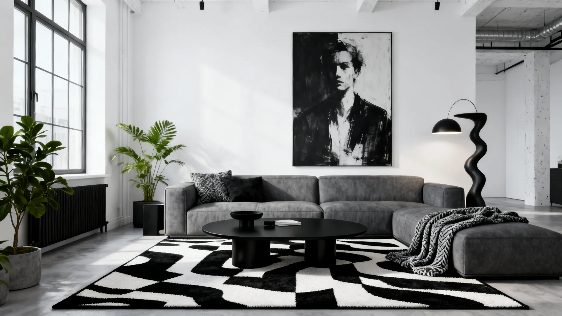 Grey sofa in a monochrome loft with black-and-white graphic accents and sculptural furniture.