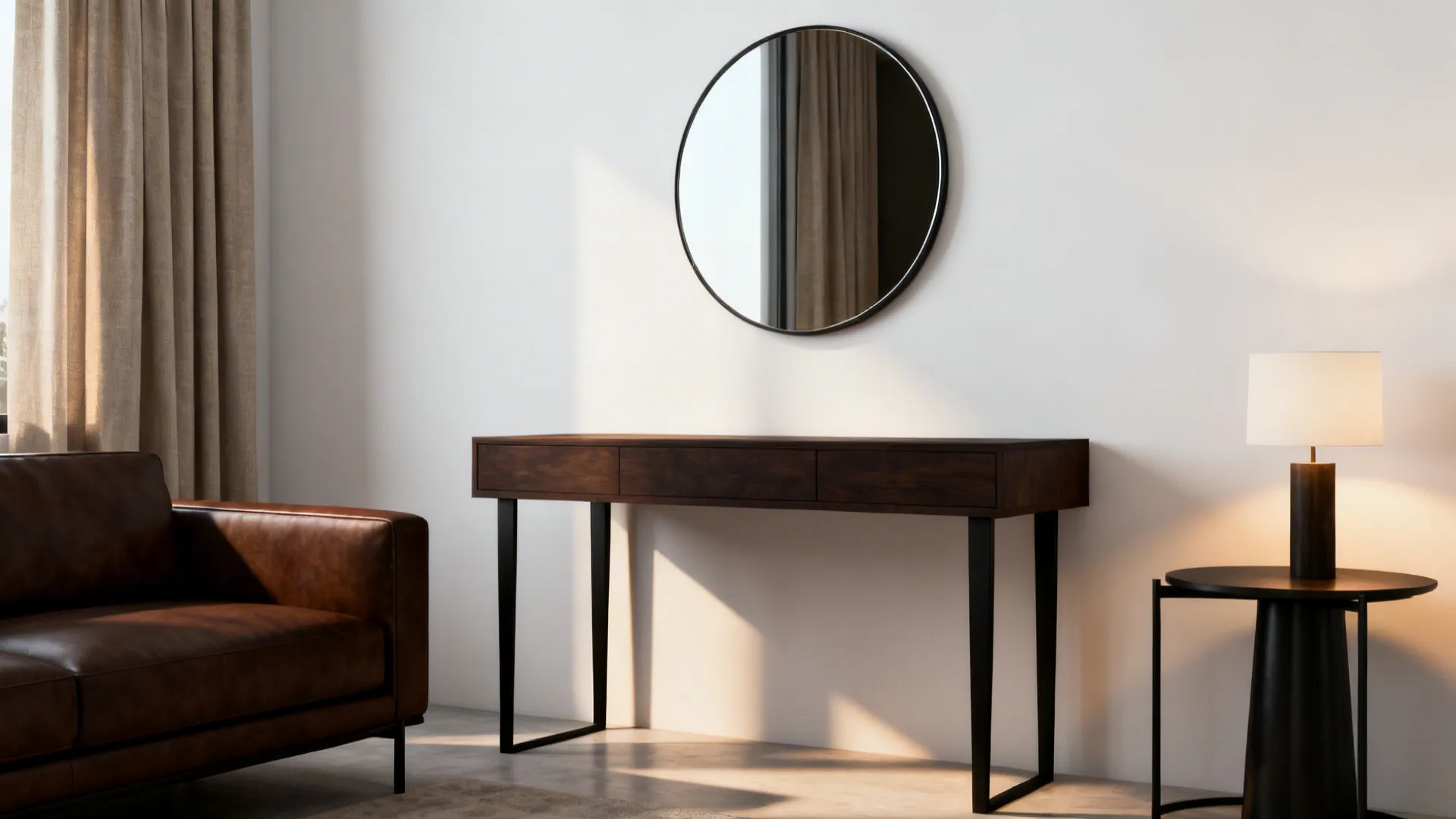 Modern white-walled apartment with dark brown furniture and black metal accents softened by linen textiles.