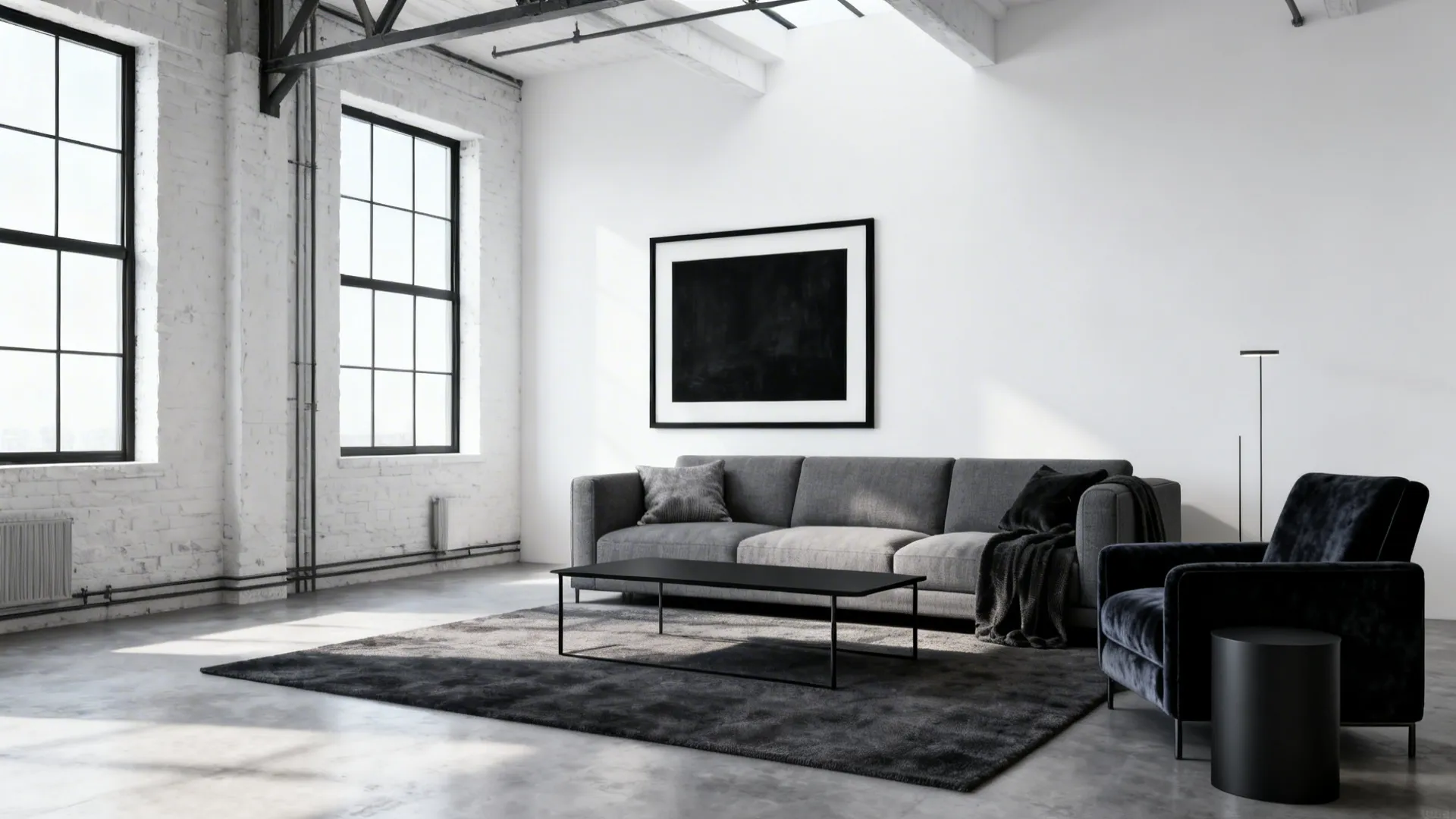 Minimalist living room with a grey sofa, white walls and black accents for crisp contrast.