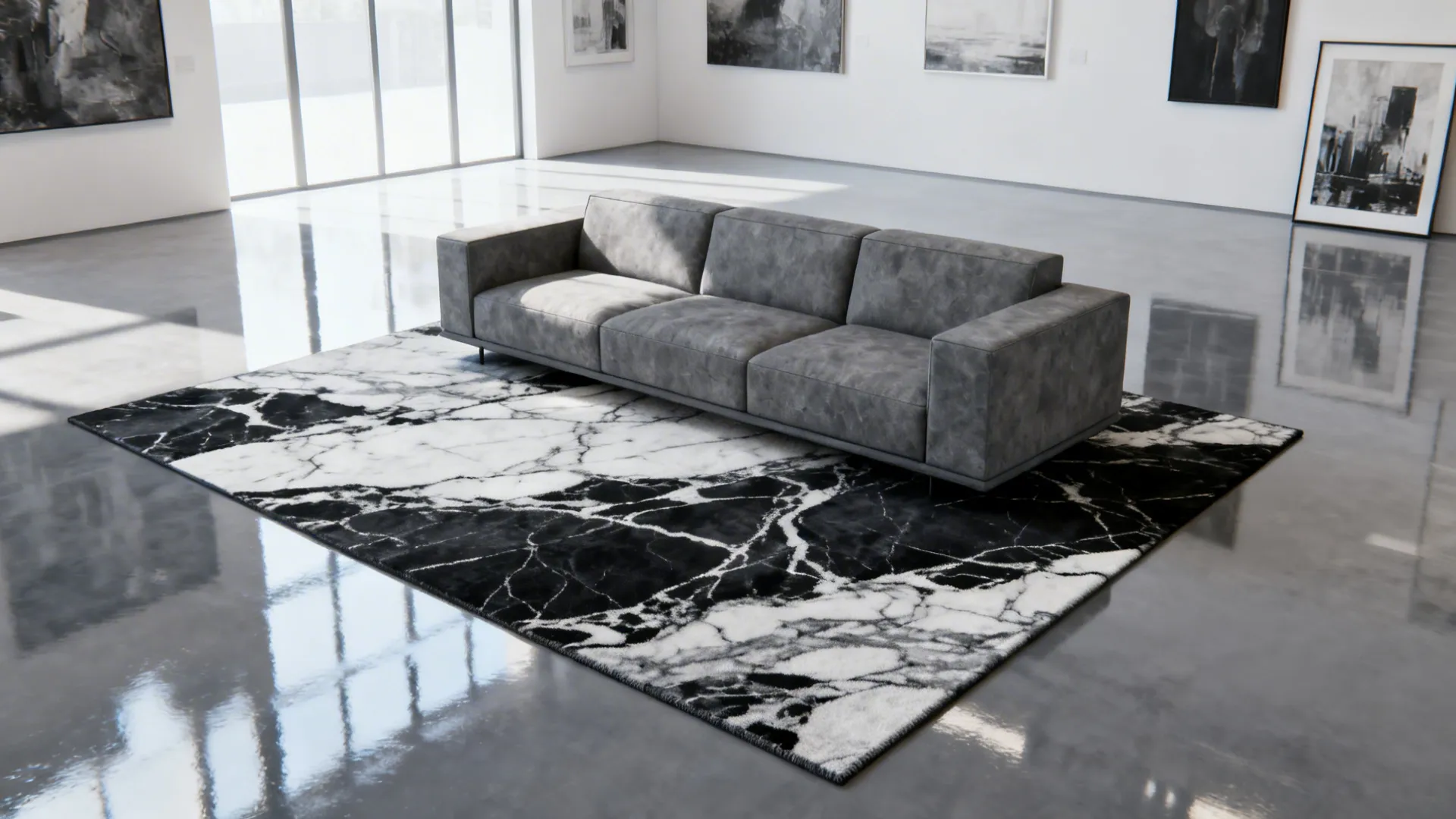 Slate sofa on a marble-effect black-and-white rug in an elegant, minimalist living room.