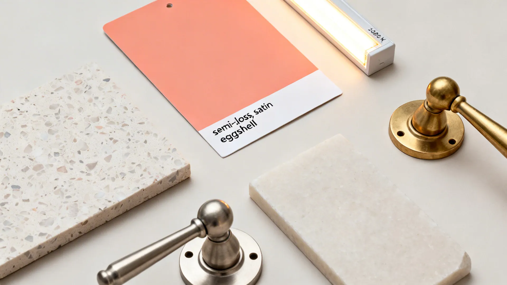 Flat lay with coral paint finishes, pale terrazzo, and brushed metal hardware.