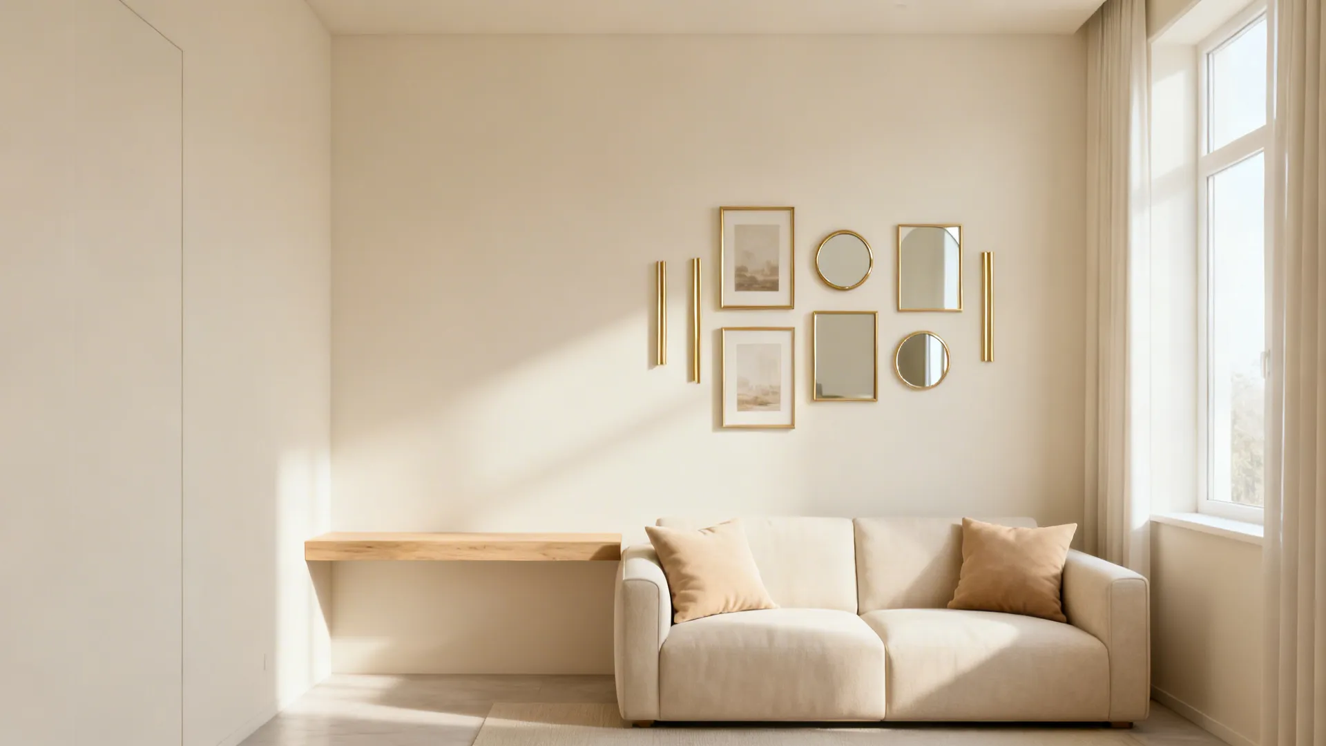 Narrow living room with layered cream tones and a gallery of slim gold-framed prints.