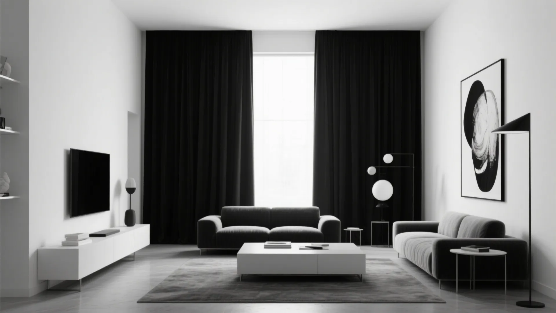 Minimalist monochrome living room with black curtains white walls grey sofas and a large window