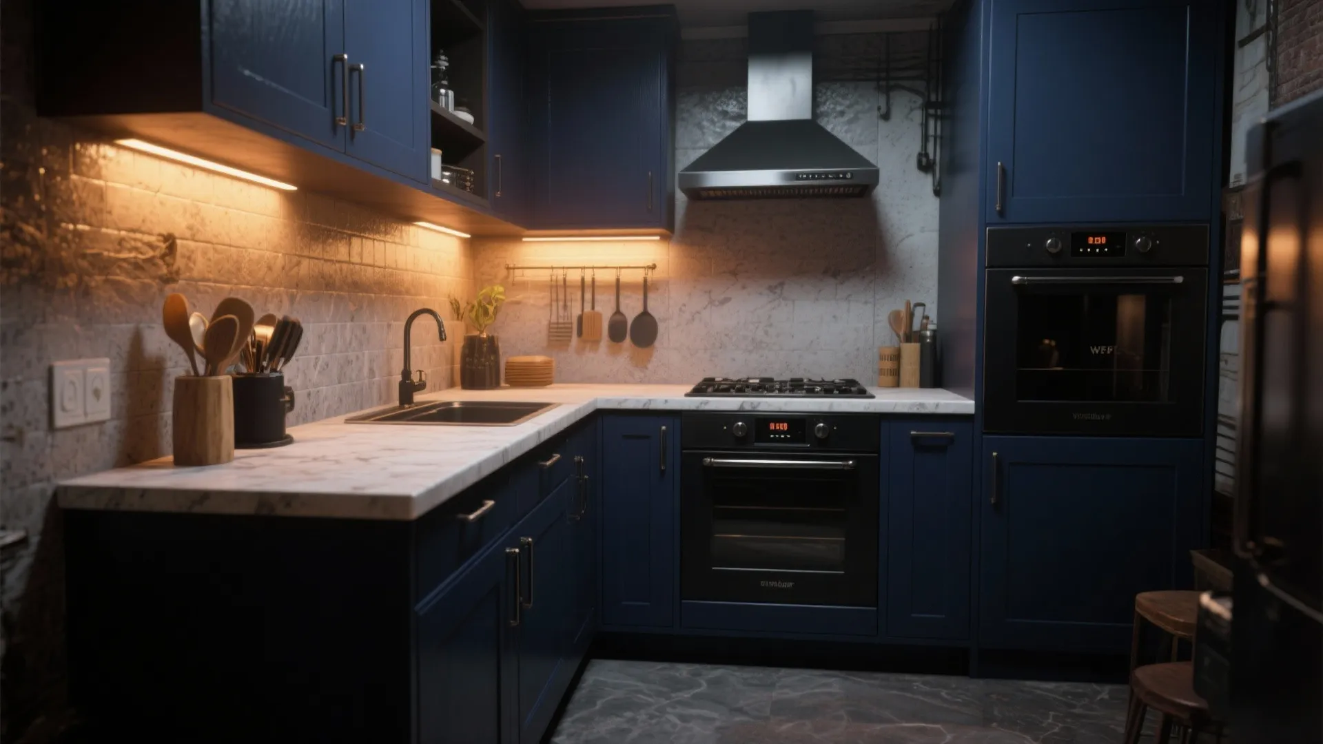 2. Monochrome Drama with Dark Cabinets