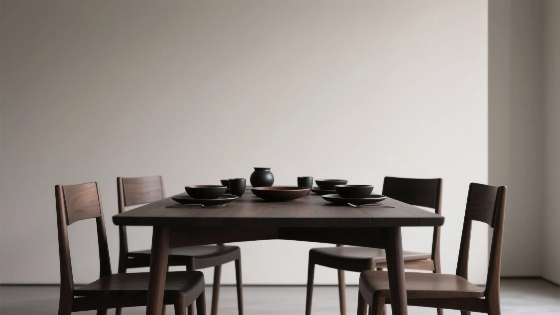Minimalist dining room with dark wood table and chairs featuring black ceramic bowls and plates