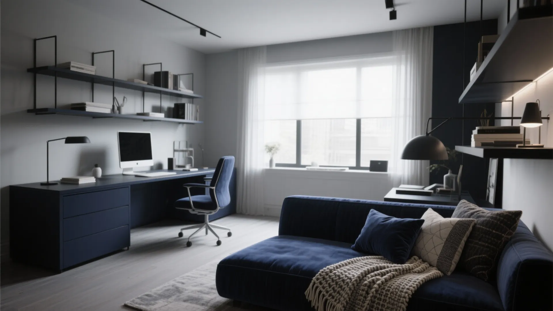 Modern blue home office with long desk, office chair, dark sofa, bookshelves, and large window