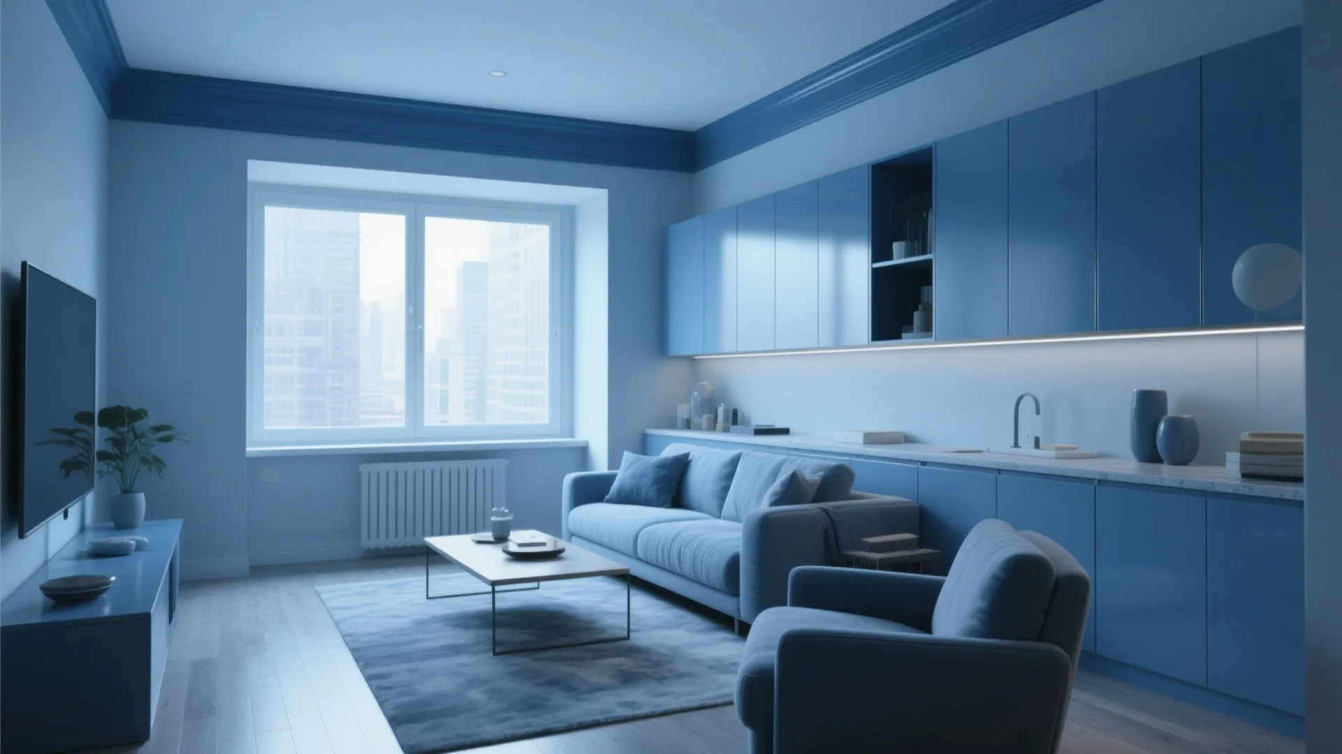 Modern blue monochrome living room featuring blue sofa matching cabinets coffee table and large window