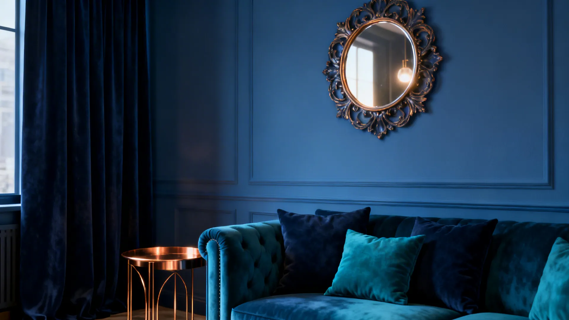 Small moody den with layered blue tones, metallic side table and a mirror.