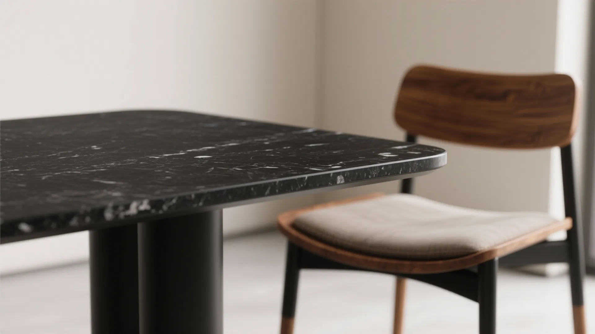Close-up of polished black granite edge with matte black leg and warm wood chair.