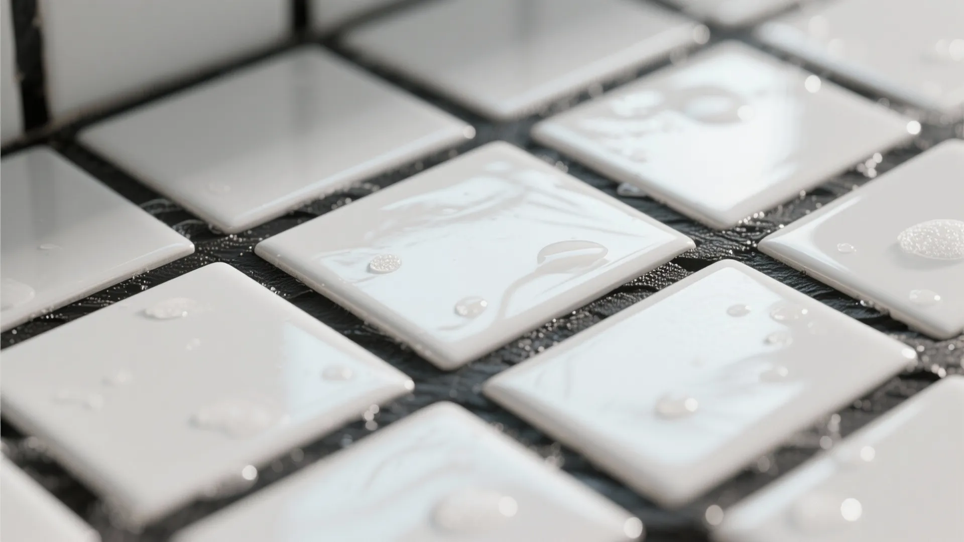 Macro view of white subway tile with black grout showing sealed texture and slight soap sheen.