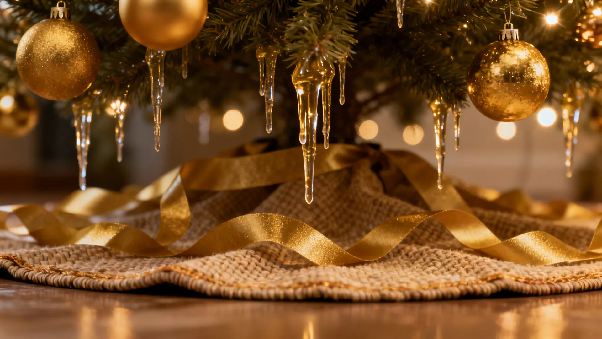 Close-up of matte and glossy gold ornaments and ribbon on a small Christmas tree