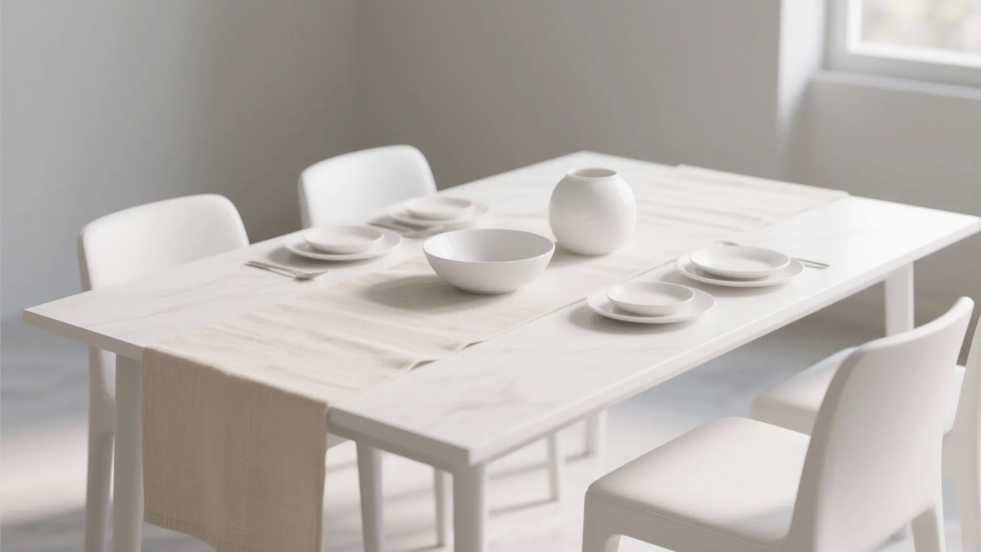 Minimalist white dining table with cloth runner white chairs bowls and plates in bright room
