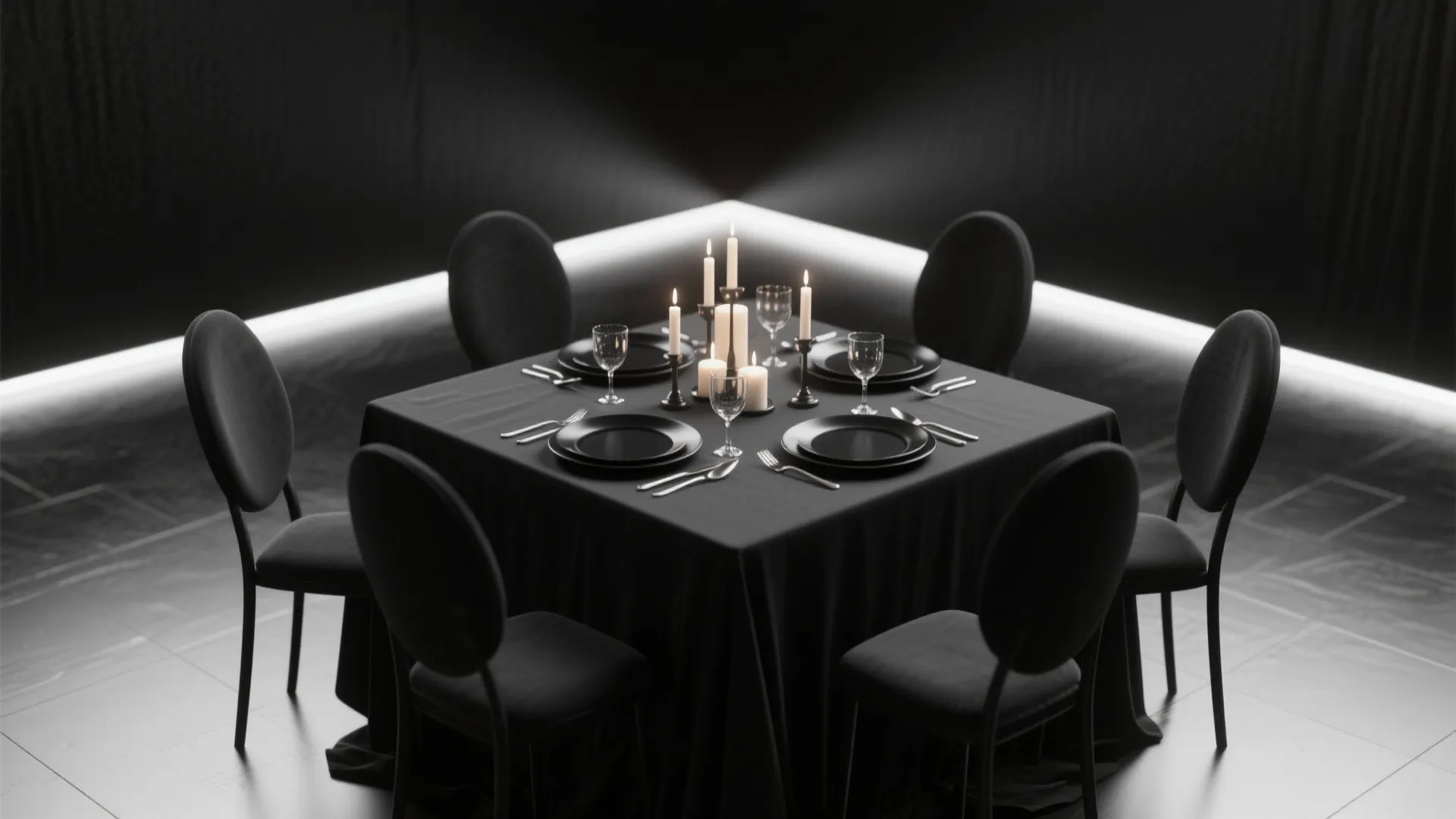 Black monochrome dining table with elegant place settings