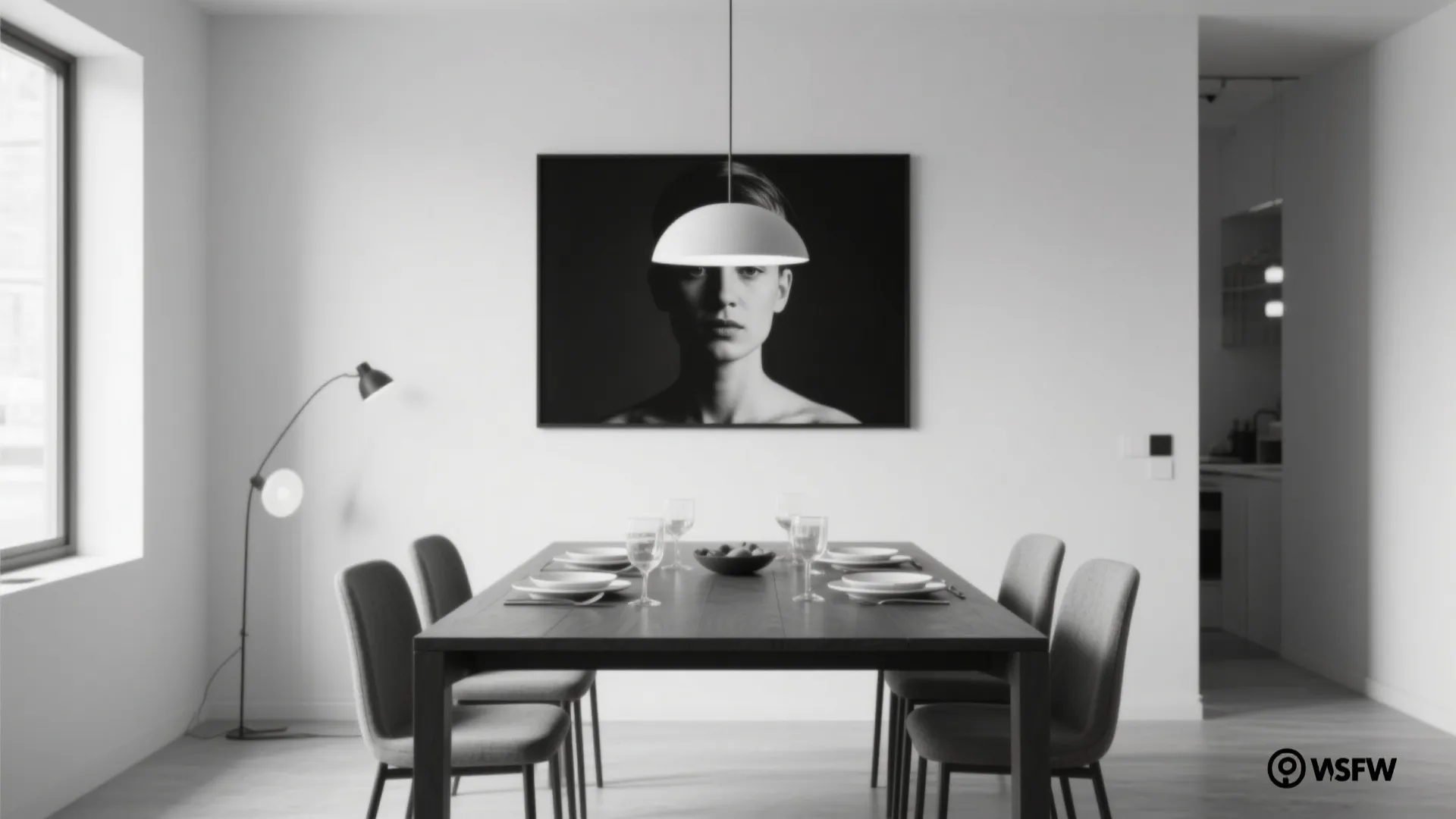 Modern monochrome dining area with dark table, grey chairs, portrait wall art, and hanging white light