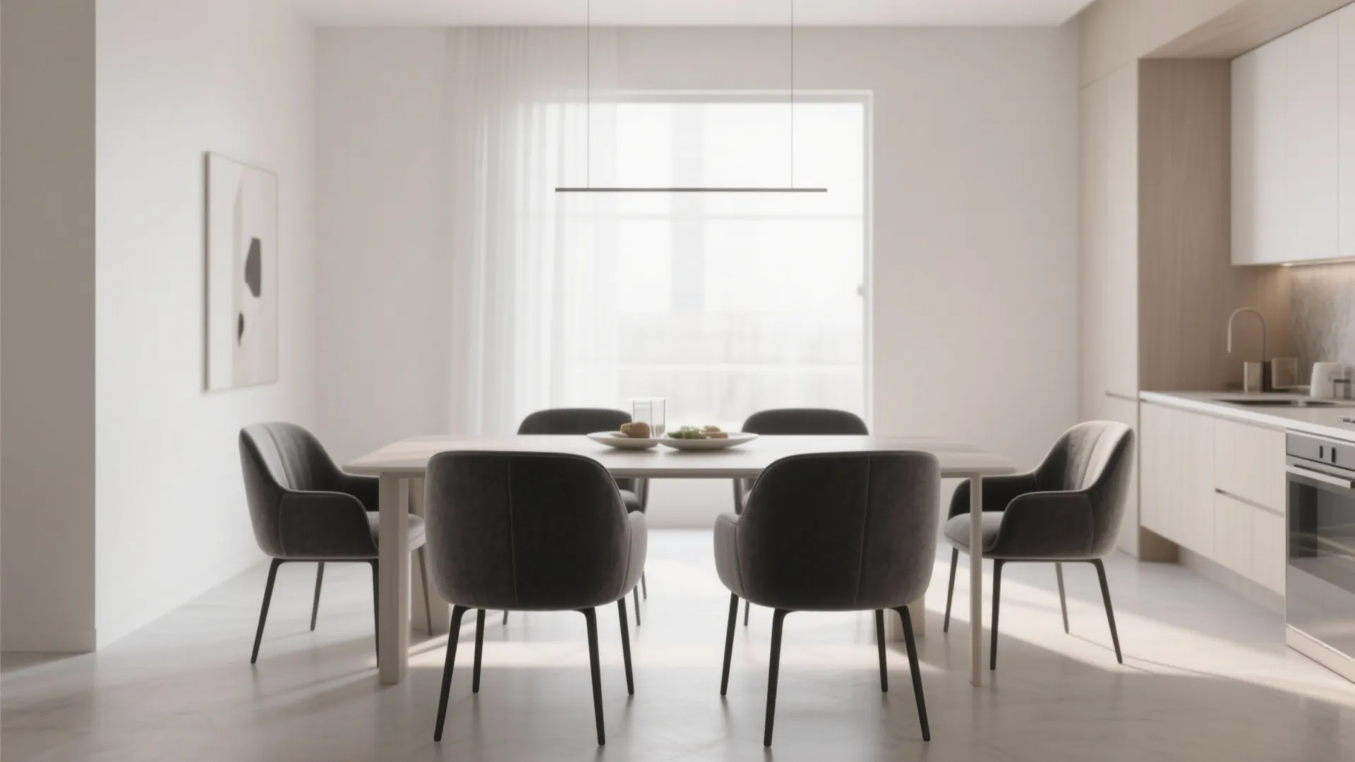 Modern white dining room with grey chairs wooden table linear ceiling light and minimalist kitchen cabinets