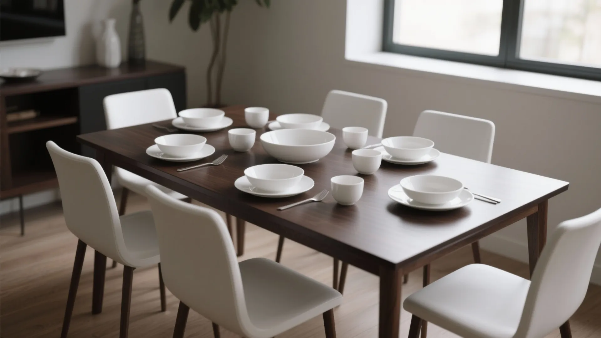 Minimalist wooden dining table set with white bowls and plates and matching white chairs in room