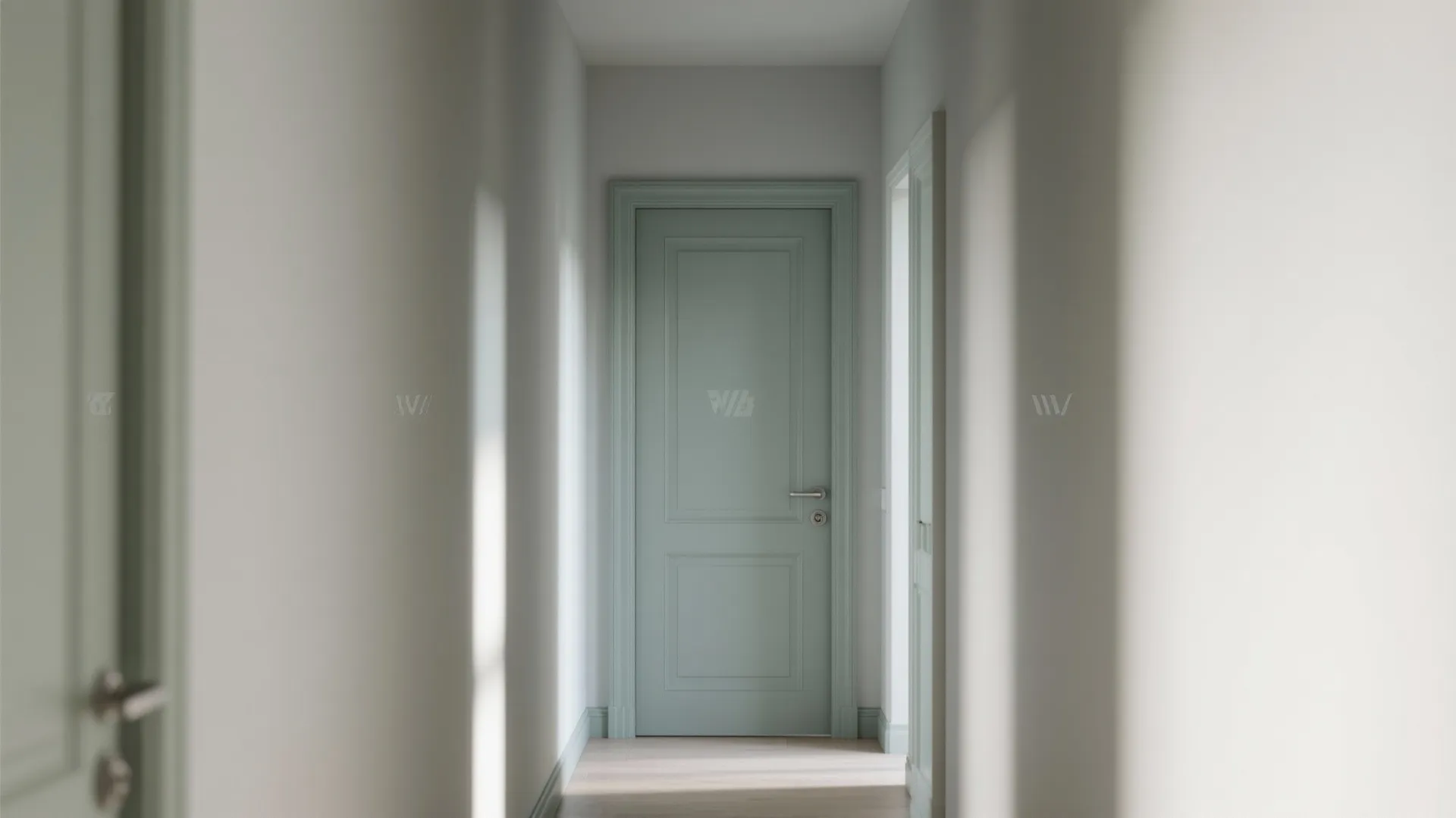 Light green interior door at the end of a white hallway with soft natural light