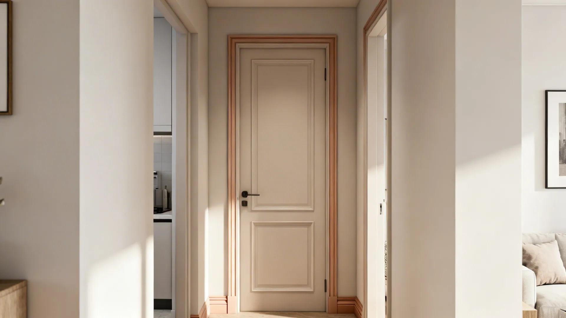 Door and trim painted the same soft neutral tone as the walls to visually expand a small room
