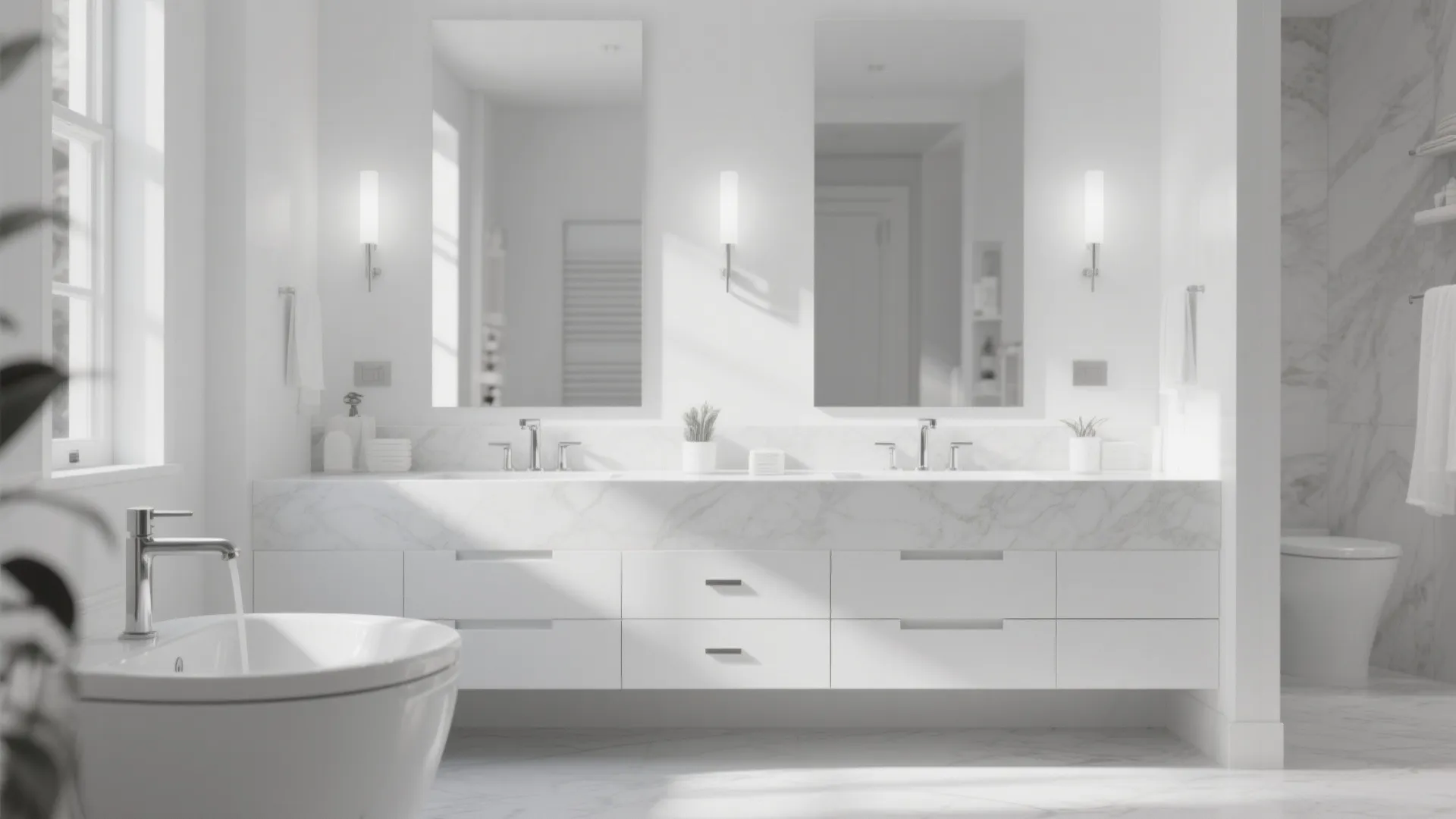 Modern white bathroom with marble double vanity cabinet two mirrors wall lights and large bathtub