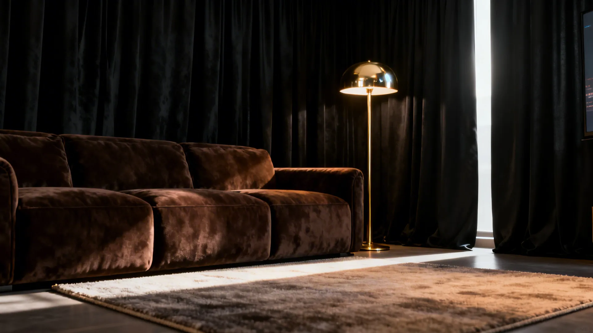 Intimate media lounge with deep brown sofa and blackout black curtains with brass lighting.