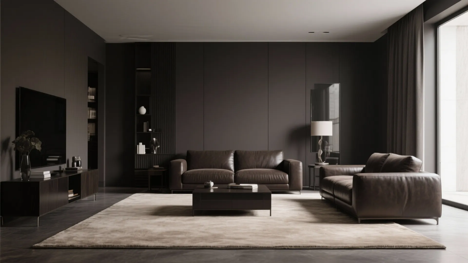Dark modern living room with brown leather sofa dark grey walls large rug and black cabinet