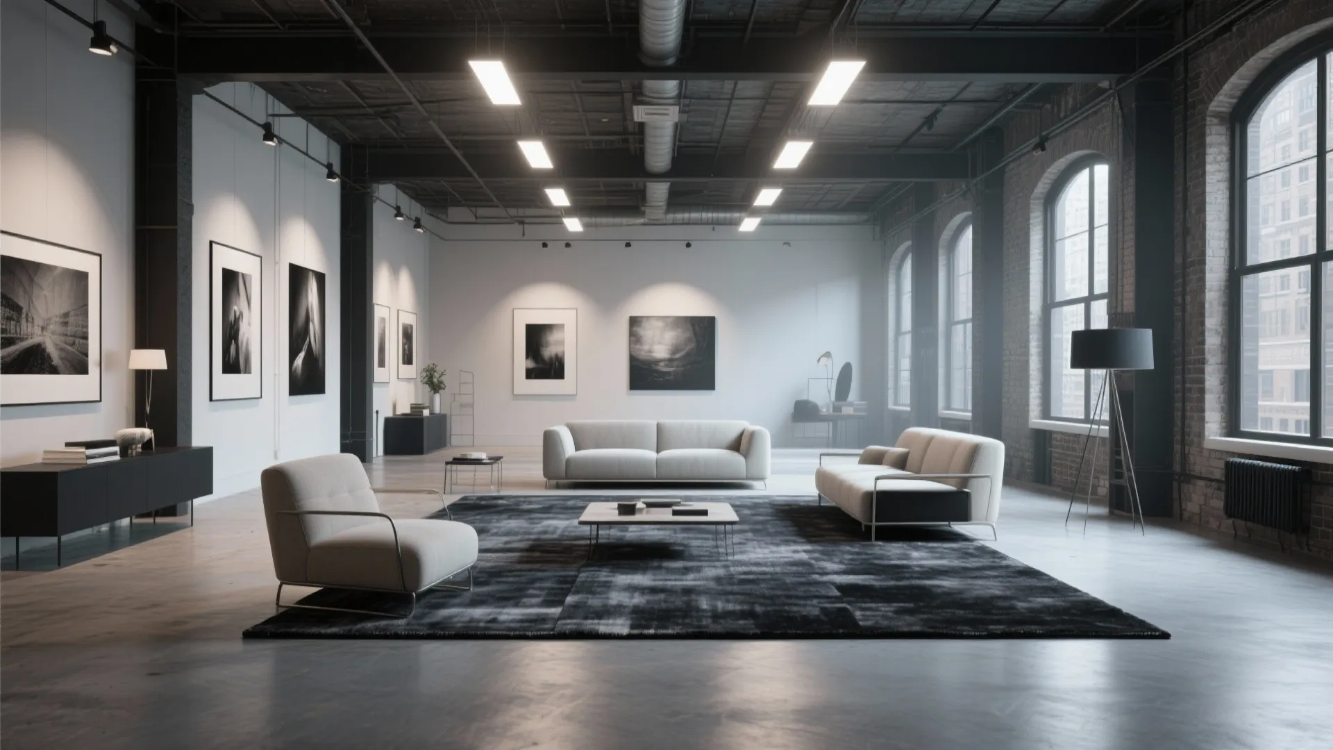 Minimalist industrial living space with large black rug white sofas gallery wall art and beams