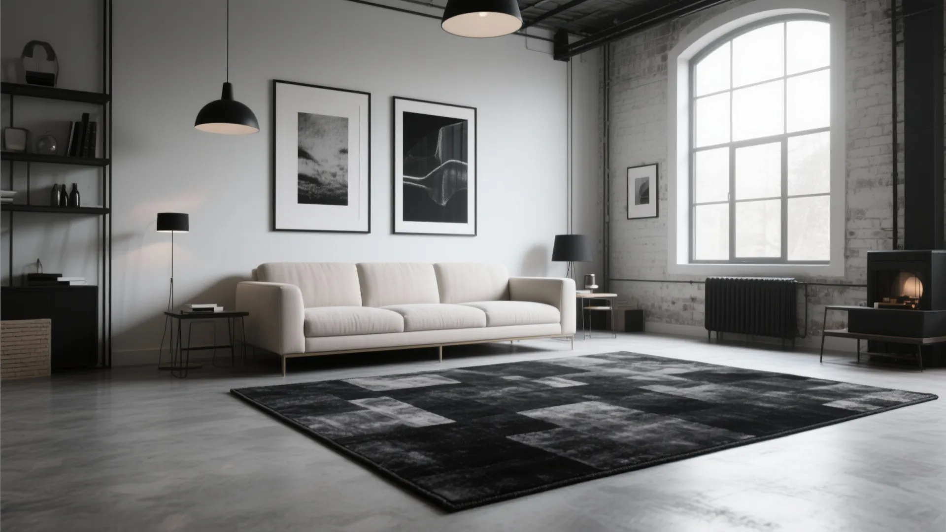 Industrial living room with white sofa black and white rug large window and ceiling light