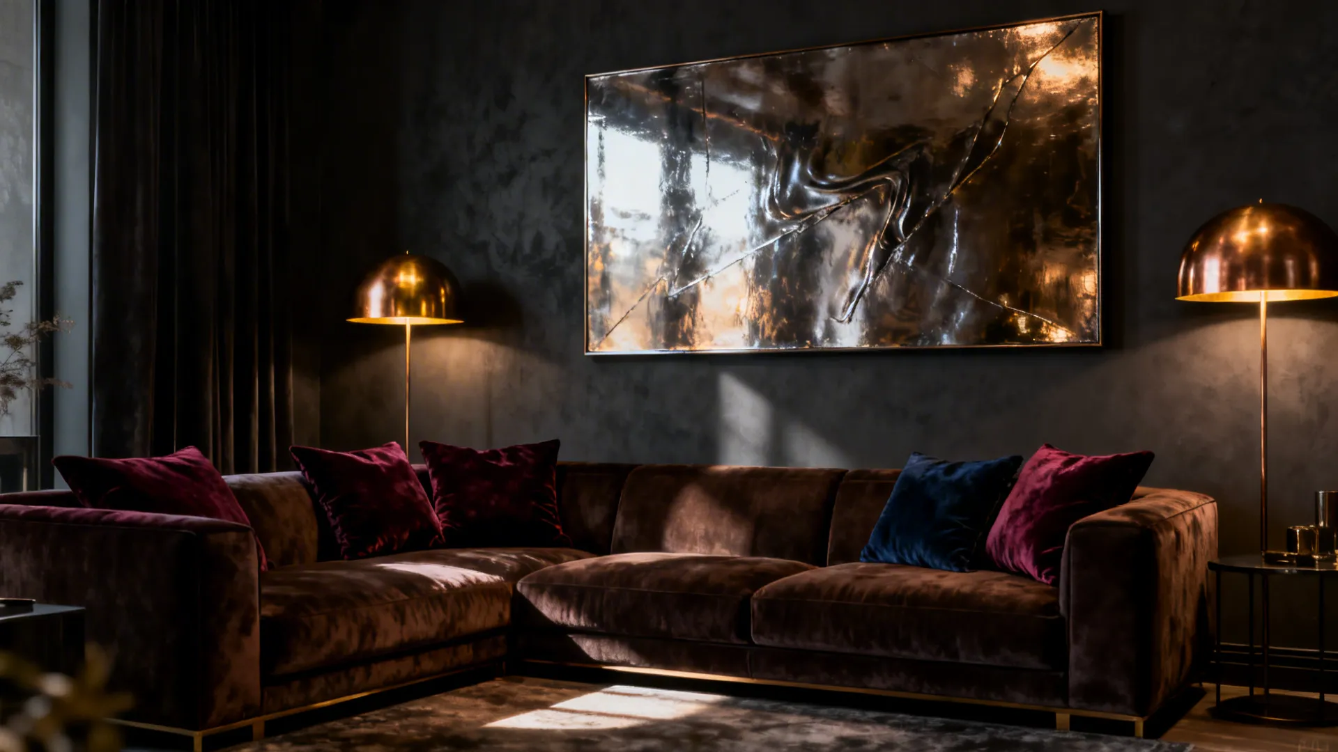 Moody living room with a dark brown sofa, charcoal walls, velvet cushions and bronze lighting.