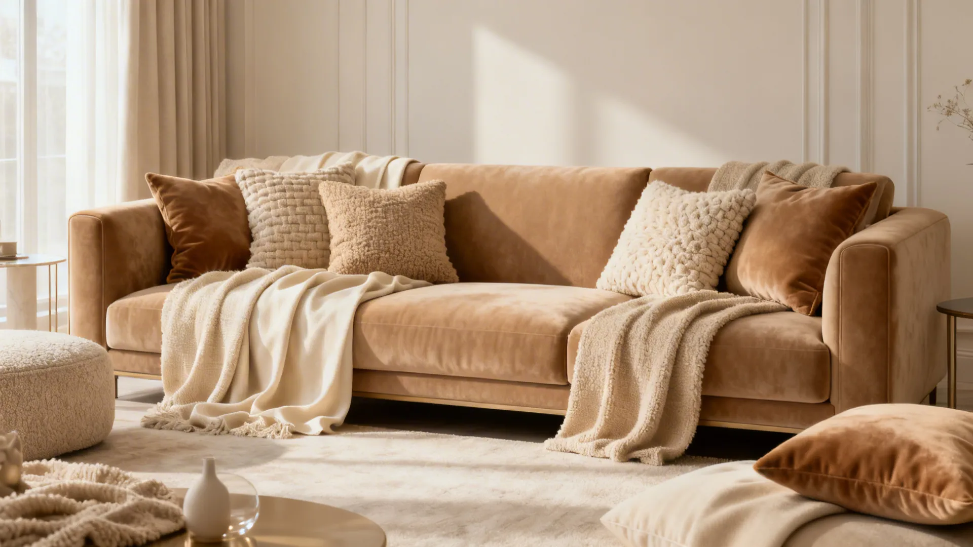 Monochrome beige living room with a tan couch and mixed textures like velvet and boucle