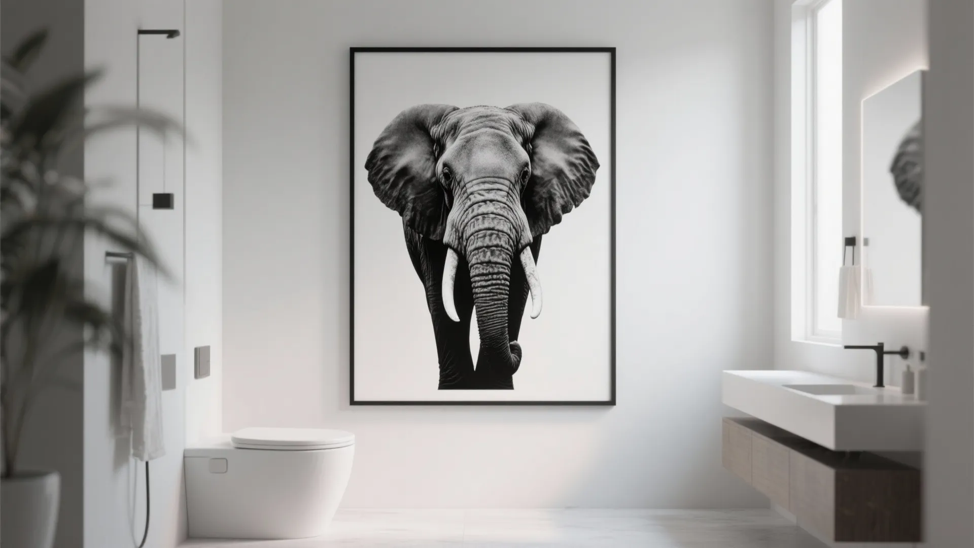 Minimalist bathroom with large monochrome elephant portrait