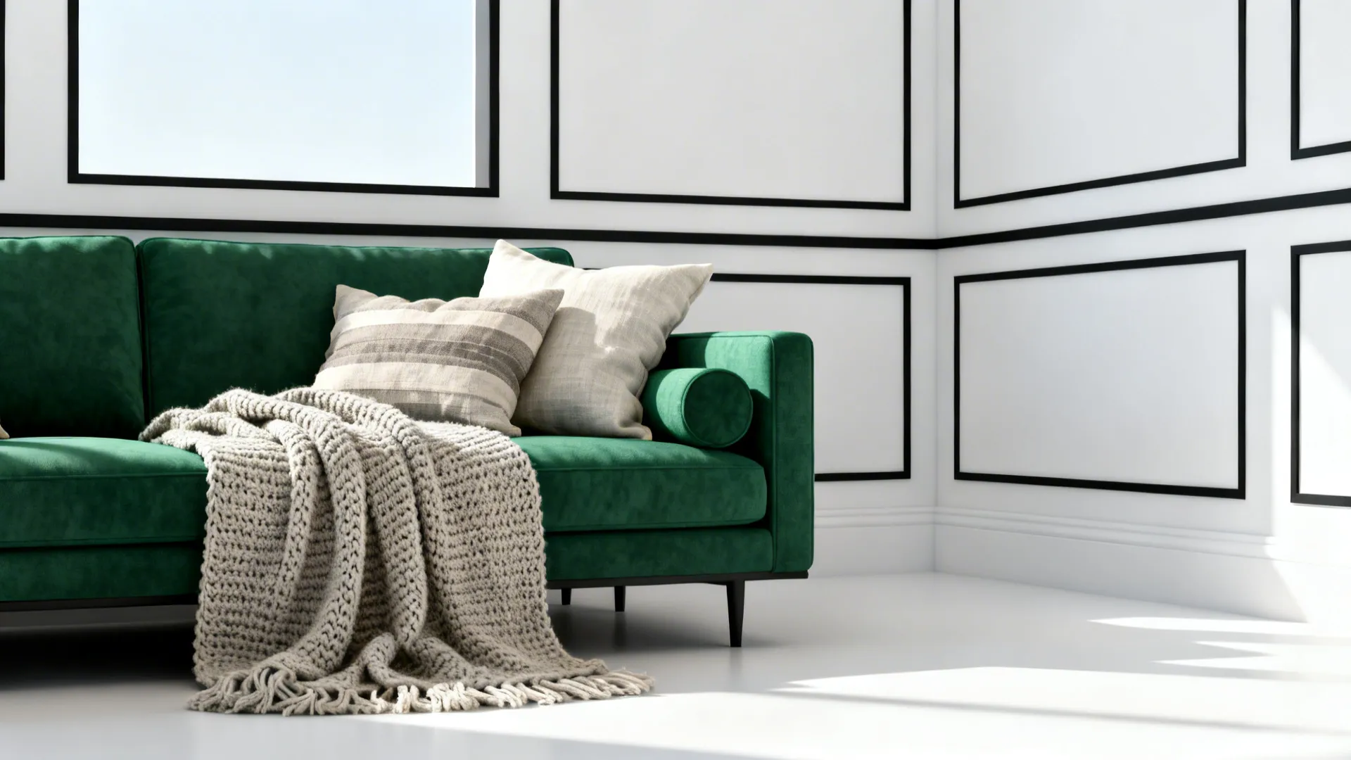 Minimal living room with an emerald sofa, white walls, black trim and soft textiles.