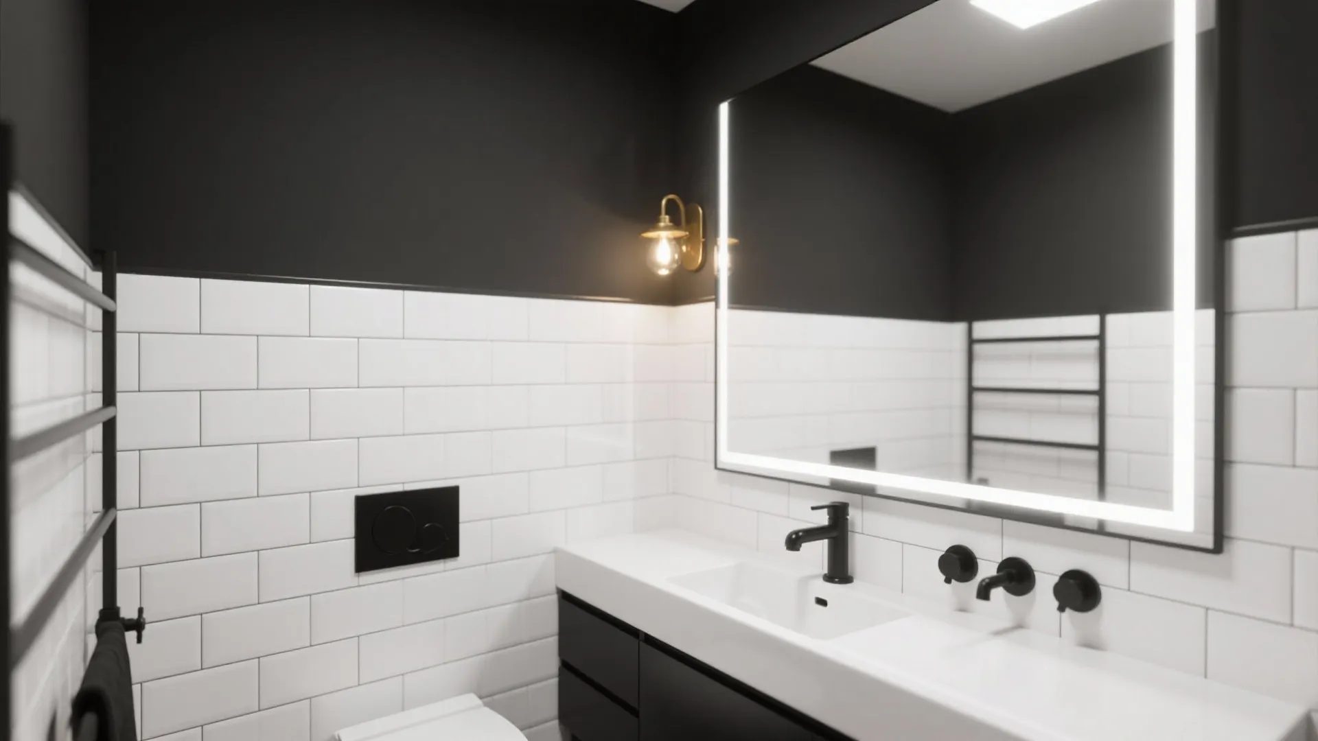 Small monochrome ensuite with white tiles, matte black fixtures and a brass sconce