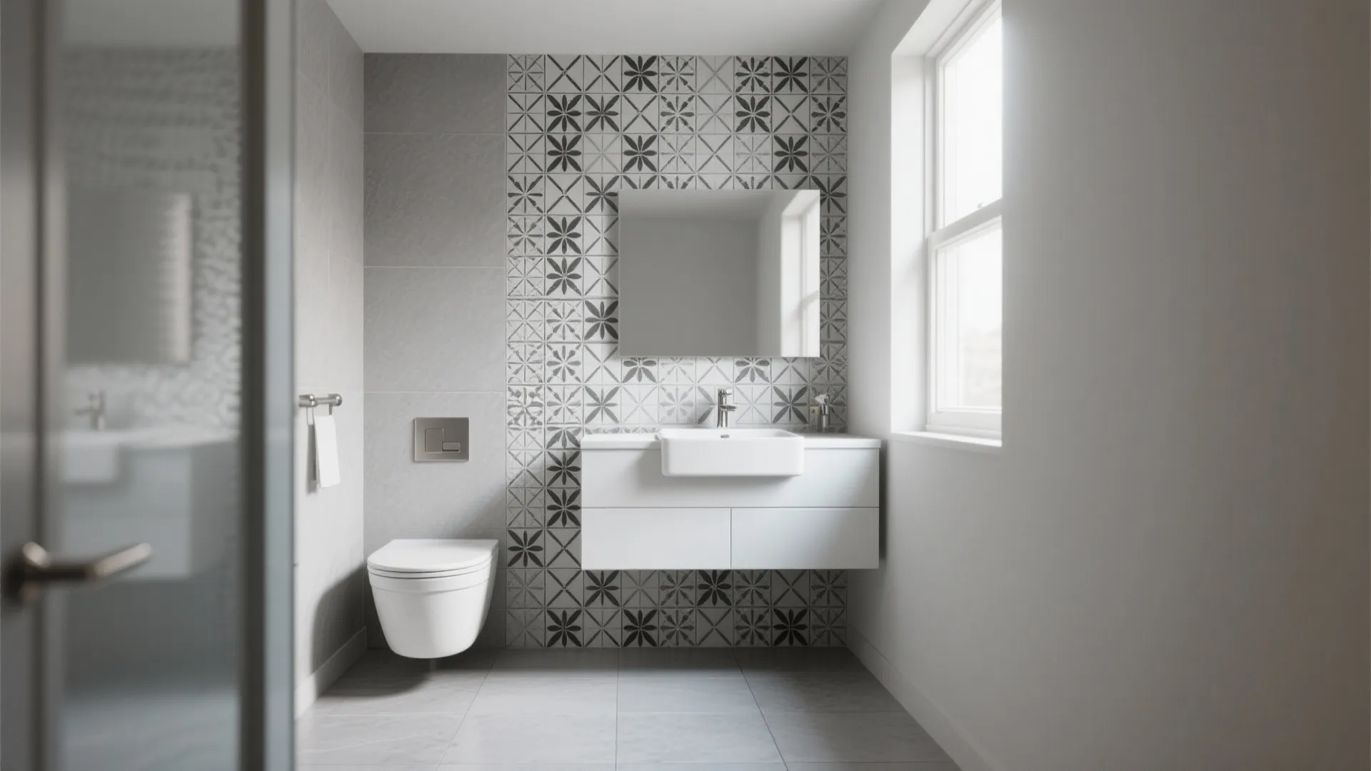 2. Monochrome Wall Feature with Neutral Floor