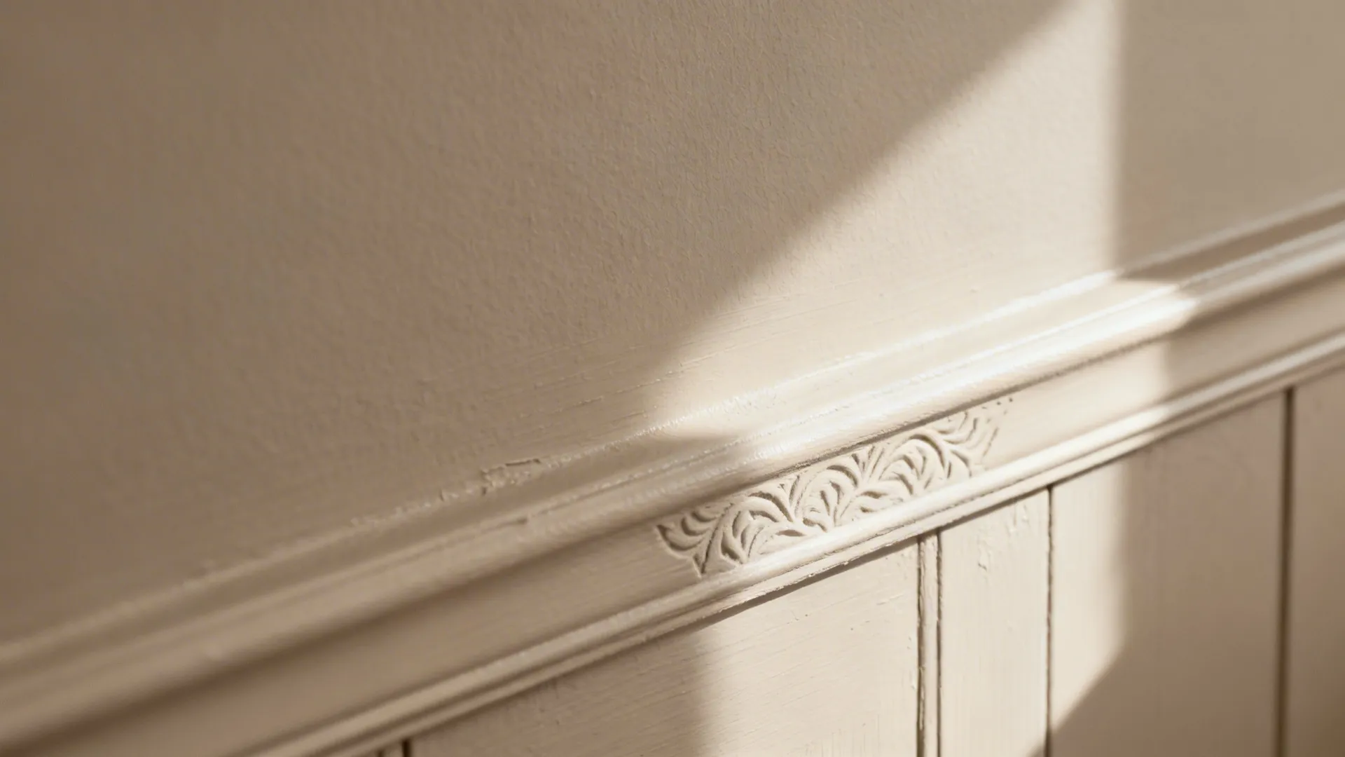 Close-up of matte wall beside eggshell trim in the same greige color showing subtle sheen contrast.